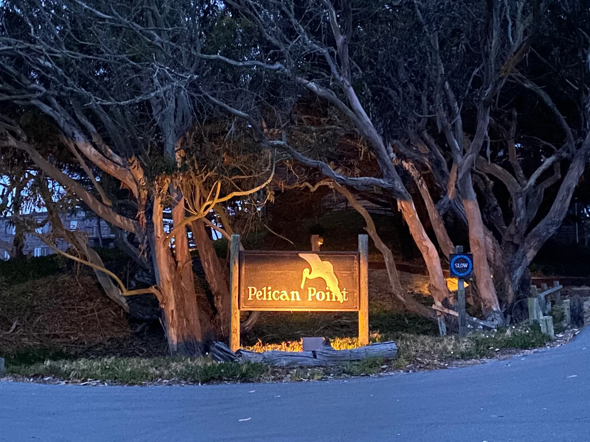 The Pelican Point entrance sign at dusk